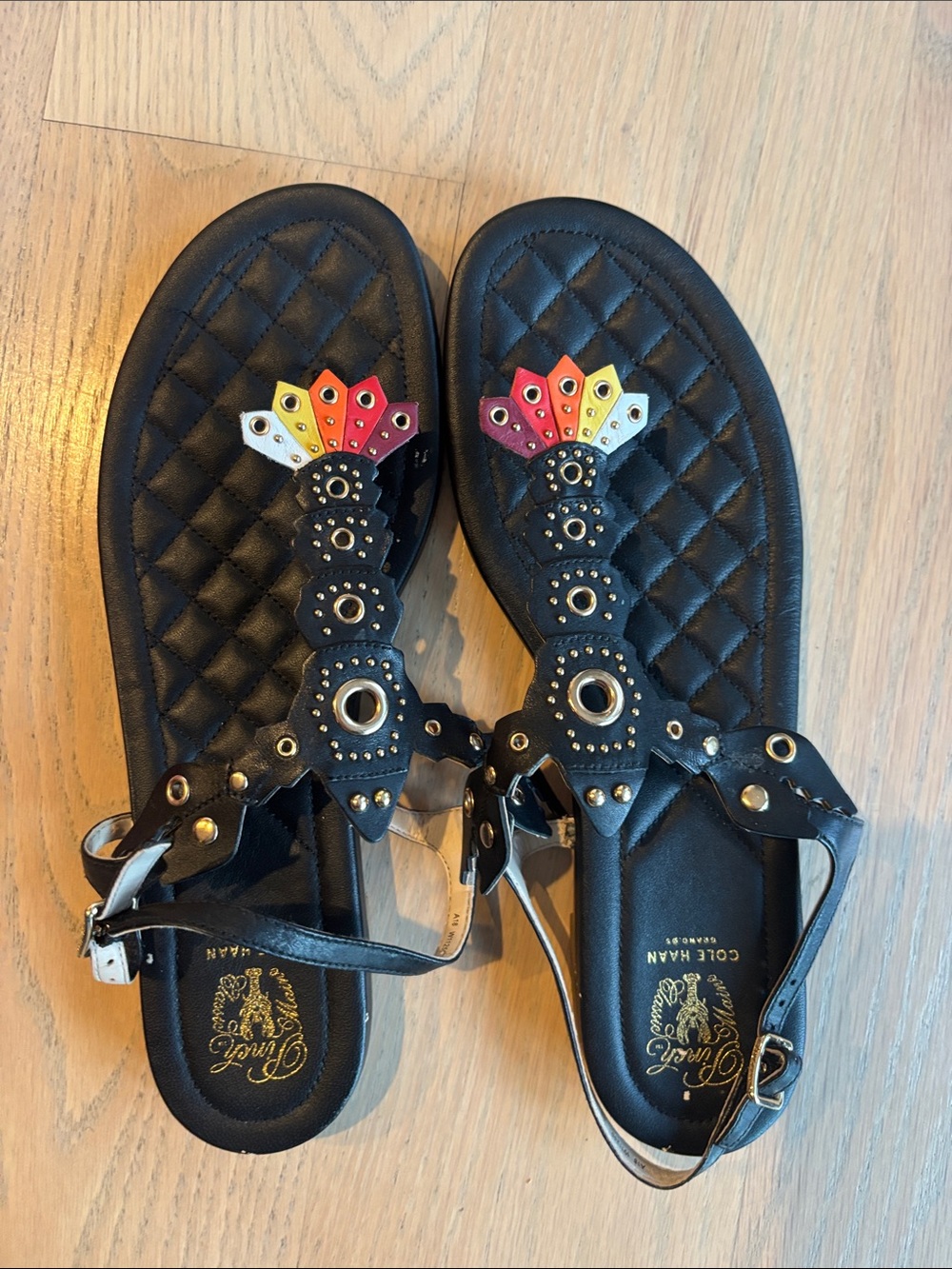 Cole Haan Black Quilted T-Strap Sandals with Rainbow Accent